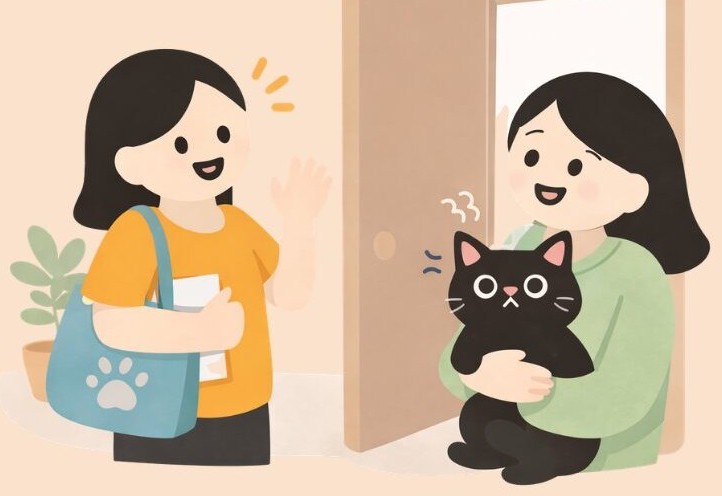 貓保母上門訪視,飼主抱著黑貓在門口迎接